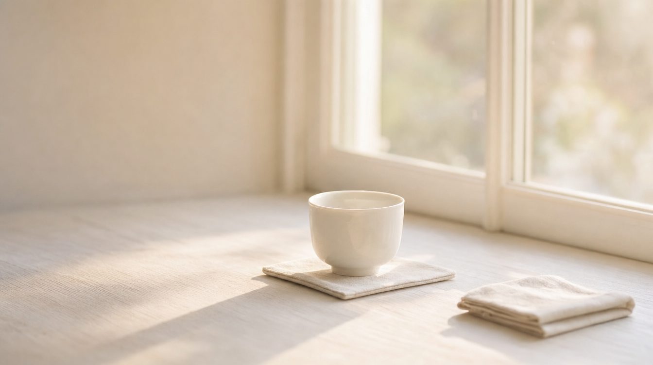 窓辺の淡い木の棚に置かれた白磁のカップと、たたまれた麻の布。