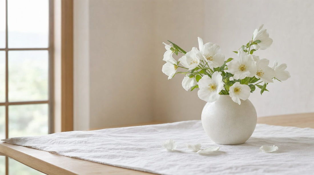 白い布を敷いた台に置かれた丸い白磁の花器と、無造作に生けられた白い花の写真