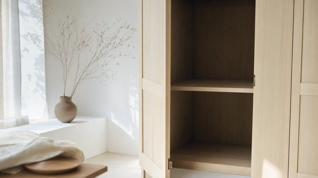 明るい部屋で扉を開けた木の戸棚の、光の当たらない空の棚を写した写真