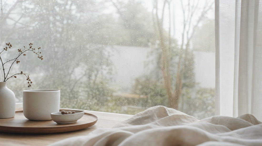 細かい雨粒のついた窓ガラスと、ぼやけた灰色の外の景色、白いカーテンの端を写した写真