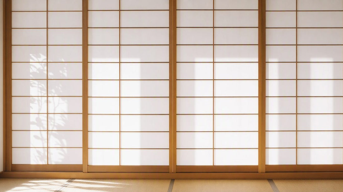 やわらかい日ざしを通す白い障子と、その下に見える畳の縁を写した写真