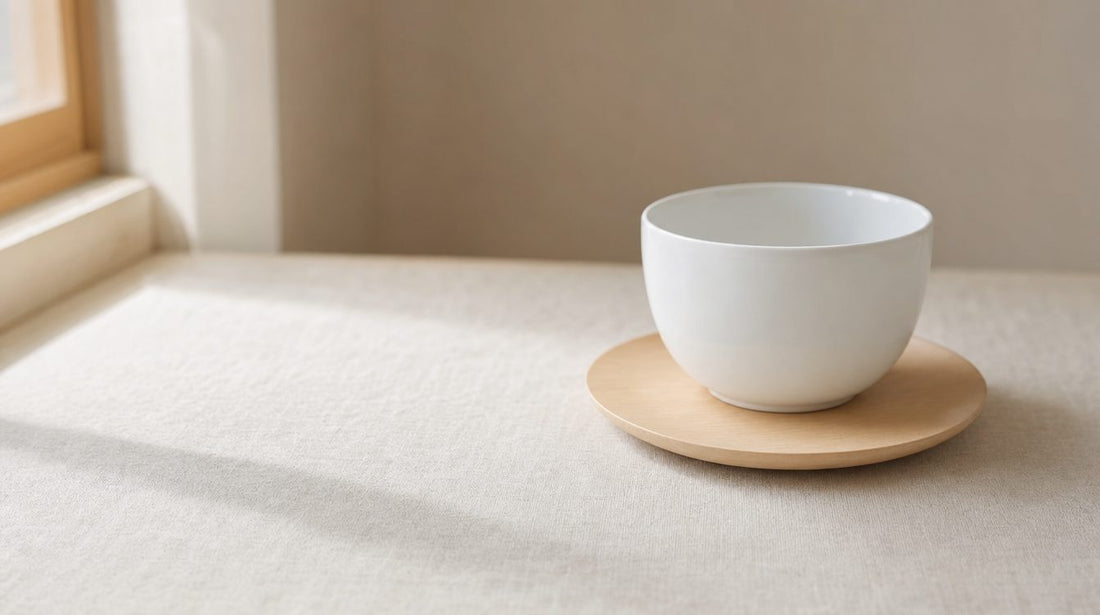 生成りの敷物の上で滑らかな木の茶托に載せられた、無地の白い湯呑を写した静物写真