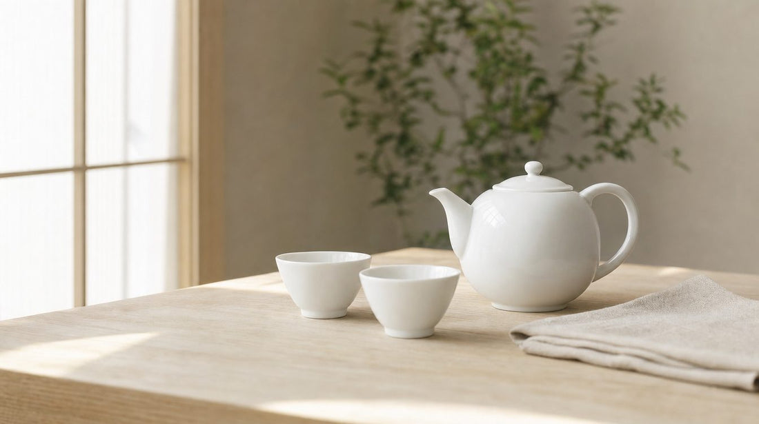 白木の机の上に置かれた白磁の急須と二つの小さな湯呑、たたんだ布巾の静物写真