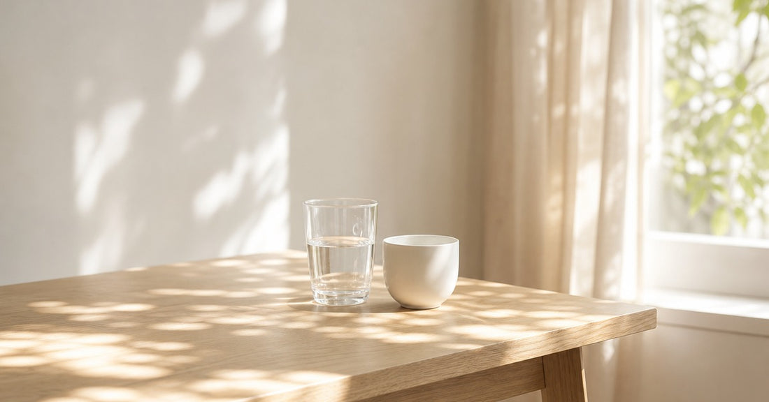 窓辺のオーク材のテーブルに置かれた水のグラスと白磁のカップ。木漏れ日。NMNサプリを飲むタイミングと続け方を解説する記事のサムネイル画像。