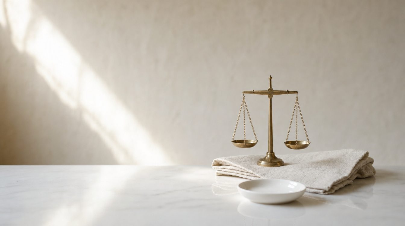 麻布の上に置かれた小さな真鍮の天秤と、白磁の浅い皿。
